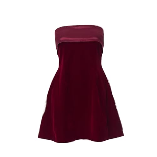 CBLdF Women Dresses Women Solid High Waist A Line Strapless Slim Mini Dresses Off Shoulder Spliced Short Gown Dress Party-red-s von CBLdF