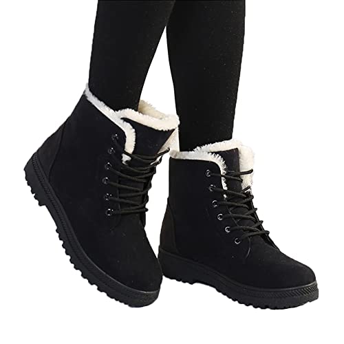 Frauen Stiefel Winter Schneestiefel Warm Flach Plus Größe Platform Lace Up Damen Schuhe Flock Pelz Wildleder Stiefeletten Weiblich (Color : Black, Size : 42 EU) von CBLdf