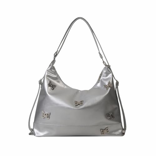 1 Stück, Einzel-Schulter-Handtasche, Schmetterlingsdekoration, verstellbar als Einzelschulter oder Rucksack, Silber, 30,5 cm × 21 cm von CBMZHF