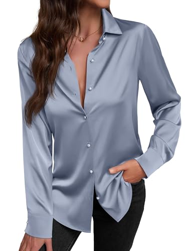 CBOO Damen Satin Button Down Shirts V-Ausschnitt Langarm Tops Sommer Business Leichte Blusen Mode Frühling Shirt 2025, L Platingrau, XX-Large von CBOO