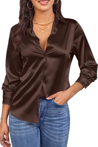 CBOO Damenbluse aus weichem Satin, Seide, Knopfleiste, langärmelig, seidig, glatt, dezent glänzend, Blusen, F Dunkelbraun, Large CBOO Damenbluse aus weichem Satin, Seide, Knopfleiste, langärmelig, seidig, glatt, dezent glänzend, Blusen, F Dunkelbraun, Large von CBOO