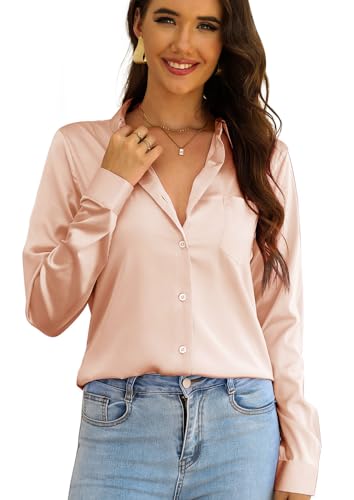 CBOO Elegante Satin-Blusen für Damen, weiche Seidenhemden, Oberteil, Satin-Knopf-Down-Shirts, Büro-Langarmblusen-Shirt, Cremefarben, X-Klein von CBOO