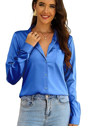 CBOO Elegante Satin-Blusen für Damen, weiche Seidenhemden, Oberteil, Satin-Knopf-Down-Shirts, Büro-Langarmblusenshirt, Königsblau, Mittel von CBOO