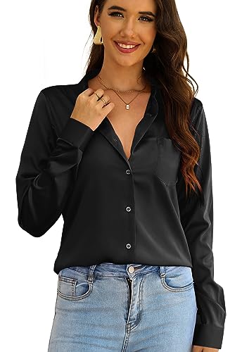 CBOO Elegante Satin-Blusen für Damen, weiche Seidenhemden, Oberteil, Satin-Knopf-Down-Shirts, Büro-Langarmblusen-Shirt, Schwarz, Groß von CBOO