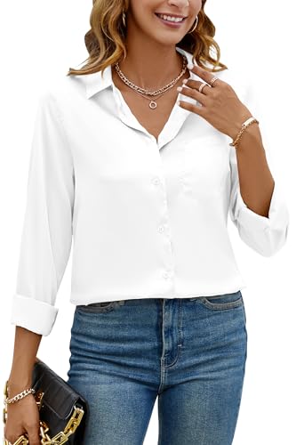 CBOO Elegante Satin-Blusen für Damen, weiche Seidenhemden, Oberteil, Satin-Knopf-Down-Shirts, Büro-Langarmblusenshirt, 2001 Naturweiß, Mittel von CBOO