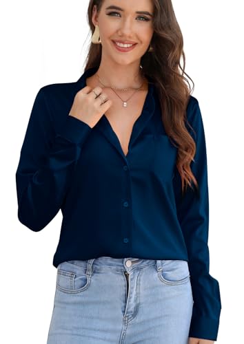 CBOO Elegante Satin-Blusen für Damen, weiche Seidenhemden, Oberteil, Satin-Knopf-Down-Shirts, Büro-Langarmblusenshirt, #28 Marineblau, X-Klein von CBOO