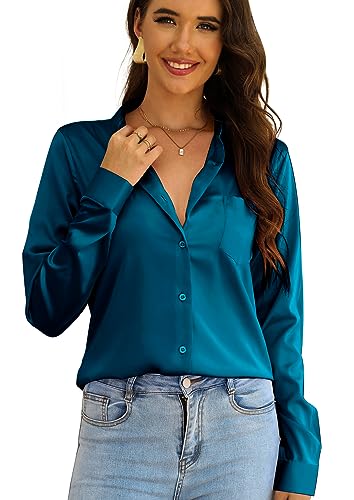 CBOO Elegante Satin-Blusen für Damen, weiche Seidenhemden, Oberteil, Satin-Knopf-Down-Shirts, Büro-Langarmblusenshirt, Indigo/Mandala-Traum, X-Groß von CBOO