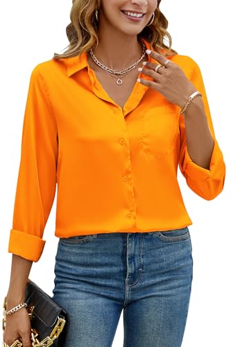 CBOO Elegante Satin-Blusen für Damen, weiche Seidenhemden, Oberteil, Satin-Knopf-Down-Shirts, Büro-Langarmblusenshirt, Orange/Abendrot im Zickzackmuster (Sunset Chevron), XX-Large von CBOO