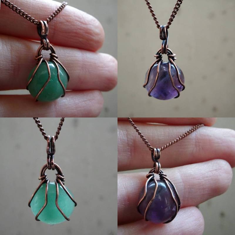 Handgefertigter Grüner Aventurin Amethyst Anhänger Antike Kupferdraht-Halskette von CBradfieldDesign