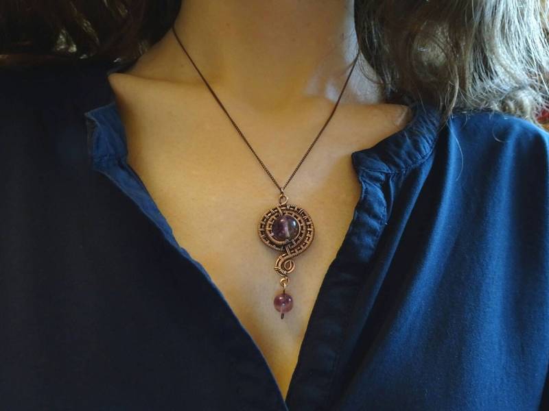 Handgefertigter Draht Gewickelt Achat Anhänger Antikes Kupfer Filigraner Talisman von CBradfieldDesign