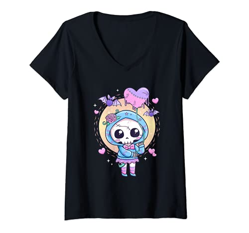 Damen Kawaii Pastell Goth Süße Gruselige Skelett Totenkopf Mädchen T-Shirt mit V-Ausschnitt Damen Kawaii Pastell Goth Süße Gruselige Skelett Totenkopf Mädchen T-Shirt mit V-Ausschnitt von CC Pastel Goth Anime Vaporwave Aesthetic