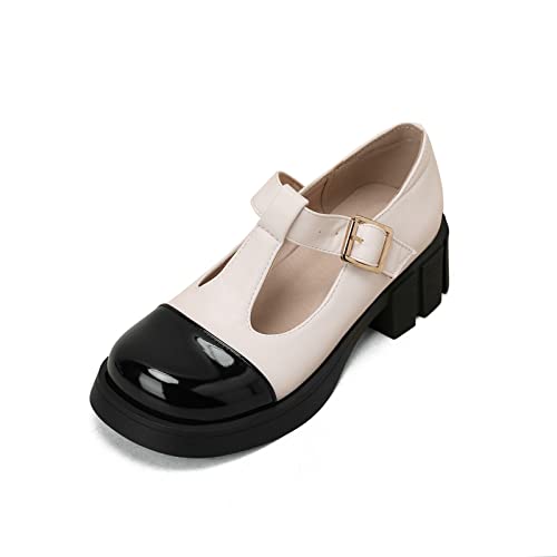 CCAFRET Damenschuhe Women Leather Patchwork Sweet Shoes T Strap Goth Pumps Girls Platform Ladies Footwear (Color : Beige, Size : 4) von CCAFRET
