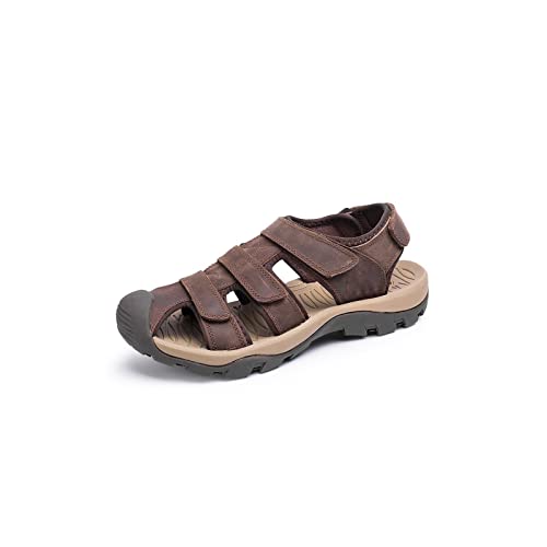 CCAFRET Herrensandalen Men Genuine Leather Sandals Breathable Comfortable Cozy Summer Shoes Fashion Flat Male Sandals (Color : Light Brown, Size : 8) von CCAFRET