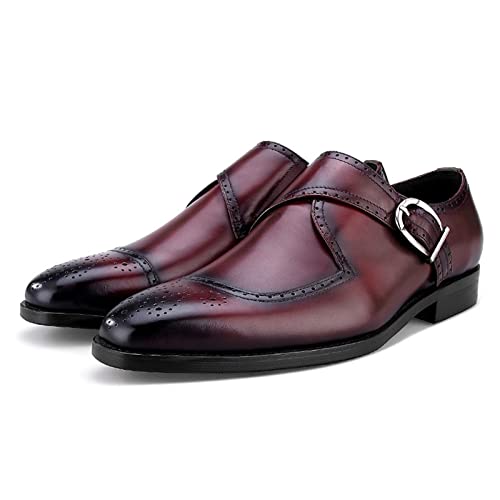 CCAFRET Herrenschuhe Men's Square Head Carved Mengke Shoes Genuine First Layer Leather Shoe Business Buckle Party Wedding Shoes (Color : Wine Red, Size : 6.5) von CCAFRET