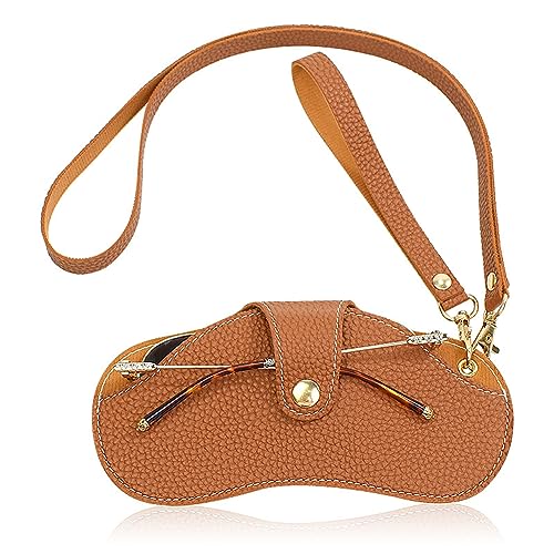 CCAIPU Brillenetui für Herren Damen, PU Leder Weiches Sonnen Brillenetui Tragbare Sonnen Brillenhülle Organizer Anti Fall Brillen Tasche mit Halsriemen (Braun) von CCAIPU