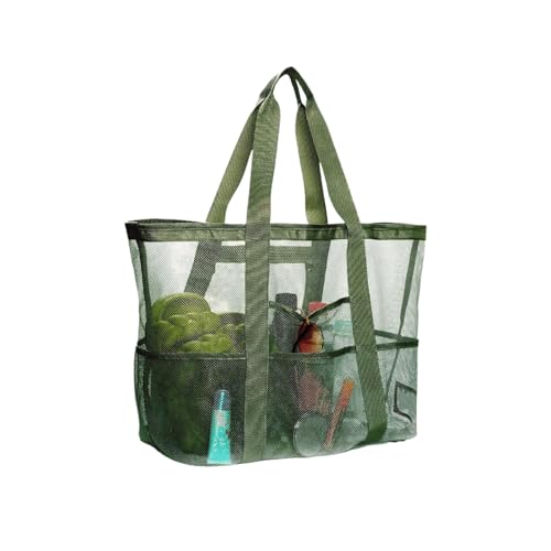 CCAIPU Große Netz Strandtasche, faltbare Handtasche mit Fächern und Reißverschluss für den Strandurlaub und den Einkauf (Grün) von CCAIPU