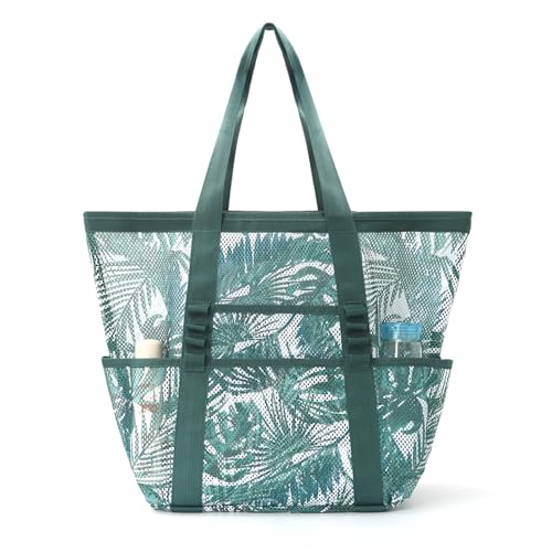 CCAIPU Große Netz Strandtasche, faltbare Handtasche mit Fächern und Reißverschluss für den Strandurlaub und den Einkauf (Grün-B) von CCAIPU