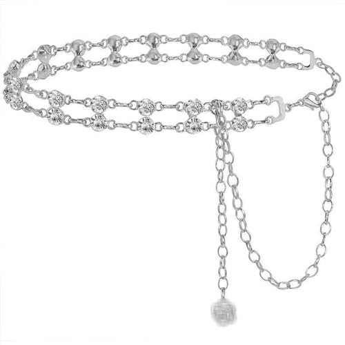 CCAIPU Kettengürtel für Damen, Legierung Einstellbare Gold Metall Link Gürtel Retro Strass Taille Kette Gürtel für Hochzeit Party Jeans Kleid (A-Silber) von CCAIPU