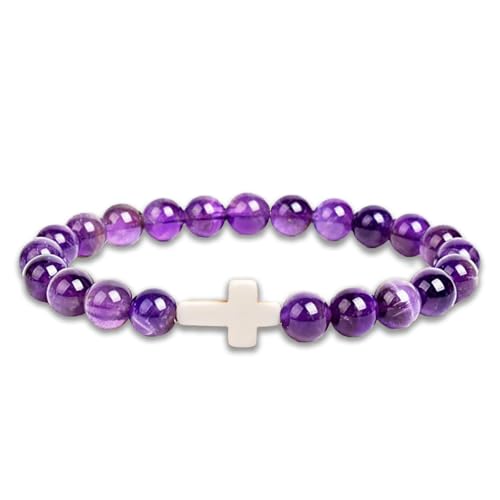 CCAIPU Kristall Armband für Damen, 8MM Lila Edelstein Bead Armband Herz Anhänger Armbänder Schmuck Geschenke für Mutter Damen (Lila-Kreuz) von CCAIPU