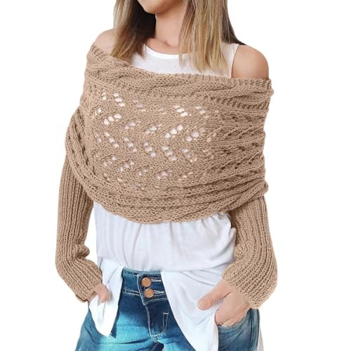 CCAIPU Damen Winterschal mit Ärmeln, Weiche Schals und Wraps mit Ärmeln, Gestrickte Kabel Wrap Hollow Verlängernde Doppel Ärmel Schal Schal (Karamell) von CCAIPU