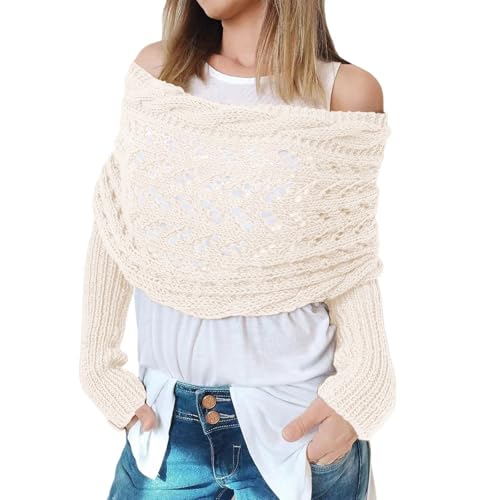 CCAIPU Damen Winterschal mit Ärmeln, Weiche Schals und Wraps mit Ärmeln, Gestrickte Kabel Wrap Hollow Verlängernde Doppel Ärmel Schal Schal (Weiß) von CCAIPU