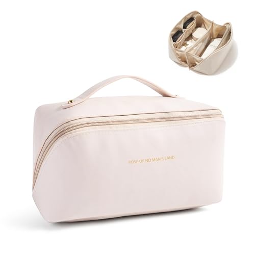 CCAIPU Tragbare Kosmetiktasche Damen, Große Kapazität Kosmetiktaschen für Frauen PU-Leder Wasserdicht Kulturbeutel Tragbare Tasche Offen Flach Make up Tasche mit Griff (Beige) von CCAIPU
