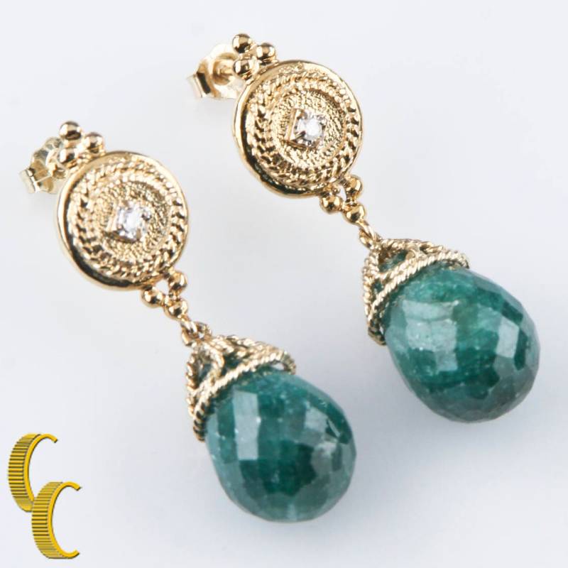 14K Gelbgold Briolette Smaragd & Diamant Ohrringe von CCJStore