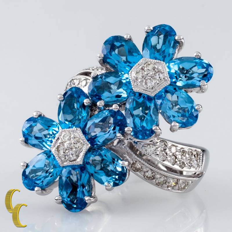 18K Weißgold Blautopas & Diamant Blumen Ring Gr. 5 von CCJStore