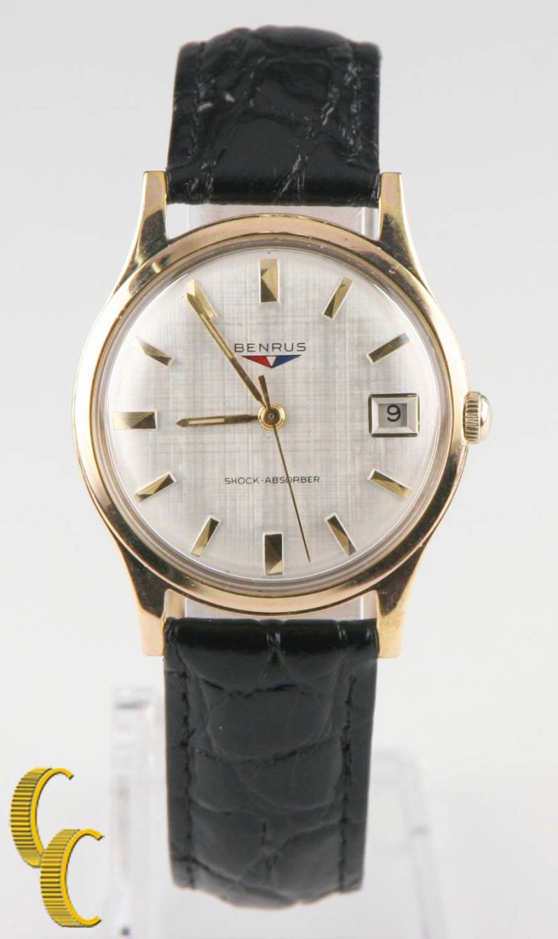 Benrus Vergoldete Stoßdämpfer Uhr W/Datum Leder Band Geschenk Für Ihn von CCJStore