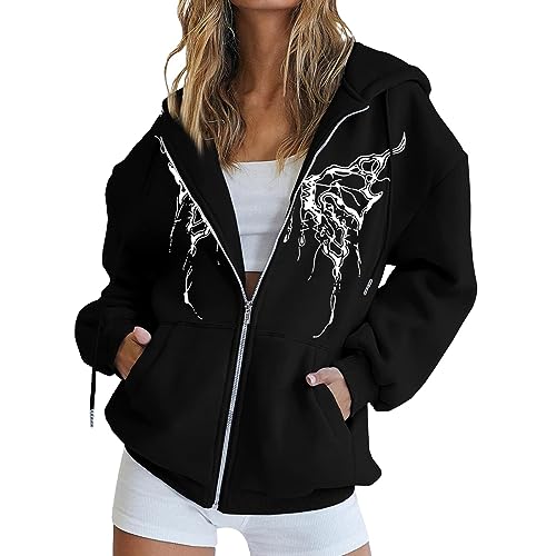 2024 Kapuzenpullover Damen Zip Sweatshirt Hoodie mit Reißverschluss Baggy Kapuzenjacke Einfarbige Loose Top Oberteile Baumwolle Sweatjacke mit Kapuze Winter Frauen Jacke Y2K Pullover Übergangsjacke von CCOOfhhc
