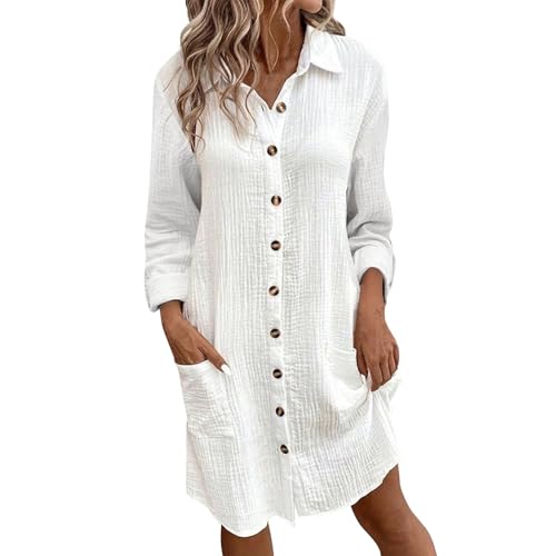 2024 Musselin Kleid Damen Falten Leinen Kleider Revers Style Freizeit Kleid mit Taschen Luftige Sommerkleid Long Knopfleiste Knielang Strandkleid Einfarbig Komfortabel Boho Blusenkleid von CCOOfhhc