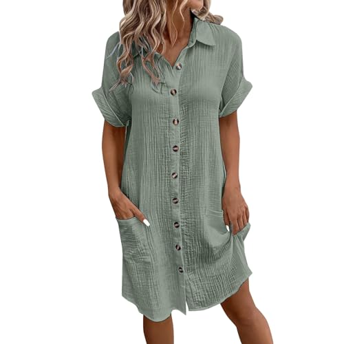 2024 Musselin Kleid Damen Falten Leinen Kleider Revers Style Freizeit Kleid mit Taschen Luftige Sommerkleid Long Knopfleiste Knielang Strandkleid Einfarbig Komfortabel Boho Blusenkleid von CCOOfhhc