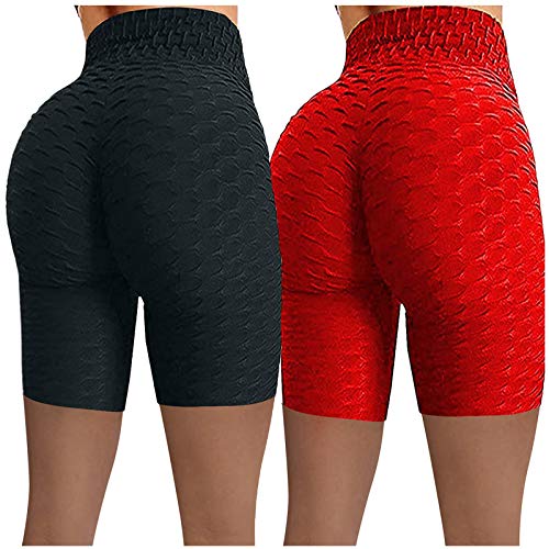 2er Fitnesshose Damen Kurz Honeycomb Leggins High Waisted Push Up Scrunch Workout Sport Leggings Kurze Laufhose Kompression Pilates Hotpants Sommer Yogahose Sportleggins Bauchkontrolle Einfarbig von CCOOfhhc