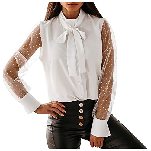 Bluse Damen Business Elegant Blusen Chiffonbluse Rundhals Einfarbig Langarmshirts Lose Transparentes Mesh-Oberteile Lässig Große Größen Hemdbluse mit Schleife Herbst Frühling Shirts von CCOOfhhc