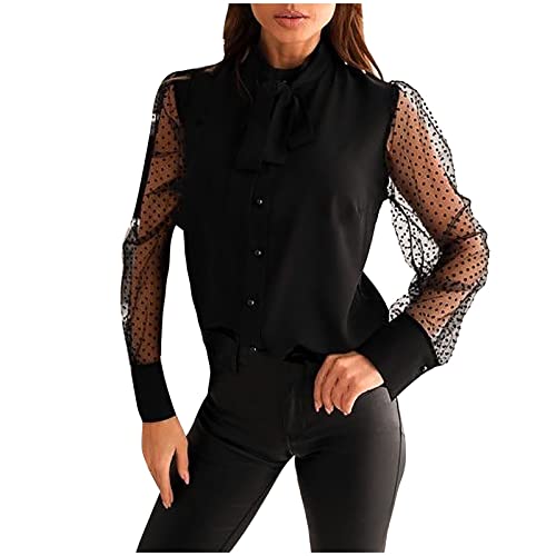 Bluse Damen Business Elegant Blusen Chiffonbluse Rundhals Einfarbig Langarmshirts Lose Transparentes Mesh-Oberteile Lässig Große Größen Hemdbluse mit Schleife Herbst Frühling Shirts von CCOOfhhc