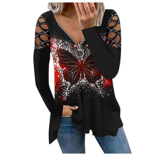 Bluse Damen Schmetterlings Druck Lose Tshirt Casual V-Ausschnitt Reißverschluss Langarm Frühling Herbst Tuniken Tunika Casual Große Größen Shirts Langarmshirt Oberteil von CCOOfhhc