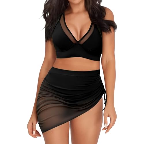 Bügel Bikini,Bikini Damen Set Oberteil mit Rock Badeanzug Zweiteilig High Waist Bademode Swimwear Women Push Up Beachwear Spitze Swimsuits 2 Teiler Bikinirock für Frauen von CCOOfhhc