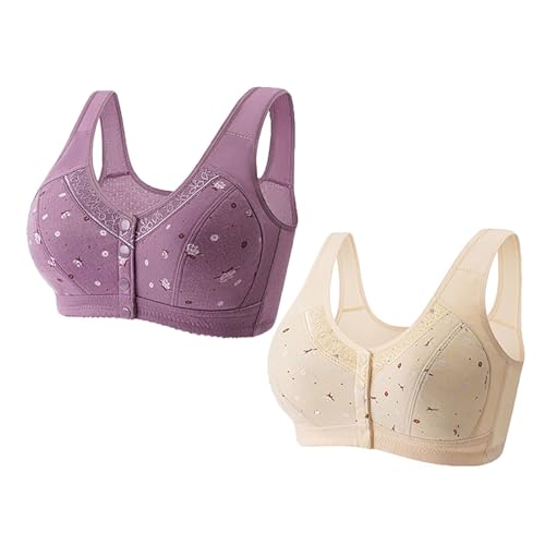 CCOOfhhc 2er BHS Mit Frontverschluss Nahtloser Vorderverschluss Push Up BHS Blumenmuster BH Baumwolle Tshirt Große Größen Ohne Bügel BH Mit Druckknopf Atmungsaktiv Klassischer Bras Für Senioren von CCOOfhhc