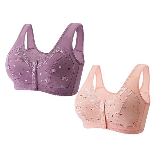 CCOOfhhc 2er BHS Mit Frontverschluss Nahtloser Vorderverschluss Push Up BHS Blumenmuster BH Baumwolle Tshirt Große Größen Ohne Bügel BH Mit Druckknopf Atmungsaktiv Klassischer Bras Für Senioren von CCOOfhhc