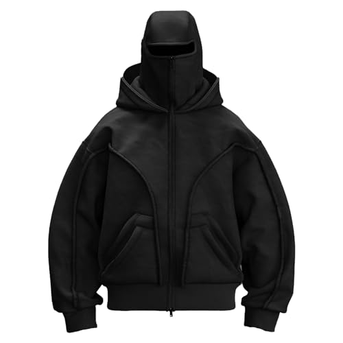 CCOOfhhc Balaclava Zip Hoodie Herren Ninja mit Sturmhaube Oversized Jacke Doppel Kapuze Y2K Fleece Winddichte Übergangsjacke Winter Motor Fahrrad Mask 2025 von CCOOfhhc
