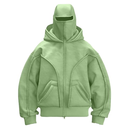 CCOOfhhc Balaclava Zip Hoodie Herren Ninja mit Sturmhaube Oversized Jacke Doppel Kapuze Y2K Fleece Winddichte Übergangsjacke Winter Motor Fahrrad Mask 2025 von CCOOfhhc