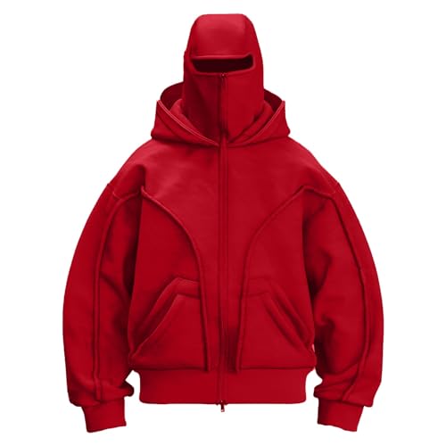 CCOOfhhc Balaclava Zip Hoodie Herren Ninja mit Sturmhaube Oversized Jacke Doppel Kapuze Y2K Fleece Winddichte Übergangsjacke Winter Motor Fahrrad Mask 2025 von CCOOfhhc