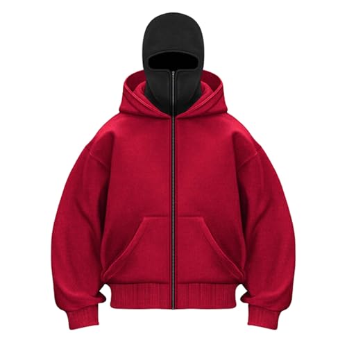 CCOOfhhc Balaclava Zip Hoodie Herren mit Sturmhaube Oversized Y2K Ninja Hoodie mit Doppel Kapuze Winddichter Kapuzenpullover mit Fleece Streifen Winter Sweatshirt Warme Übergangsjacke 2025 von CCOOfhhc