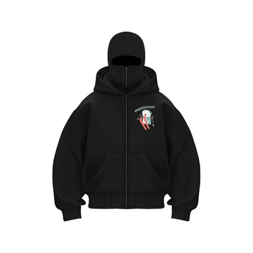 CCOOfhhc Balaclava Zip Hoodie Herren mit Sturmhaube Oversized Y2K Ninja Hoodie mit Doppel Kapuze Winddichter Kapuzenpullover mit Fleece Streifen Winter Sweatshirt Warme Übergangsjacke 2025 von CCOOfhhc