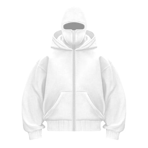 CCOOfhhc Balaclava Zip Hoodie Herren mit Sturmhaube Oversized Y2K Ninja Hoodie mit Doppel Kapuze Winddichter Kapuzenpullover mit Fleece Streifen Winter Sweatshirt Warme Übergangsjacke 2025 von CCOOfhhc