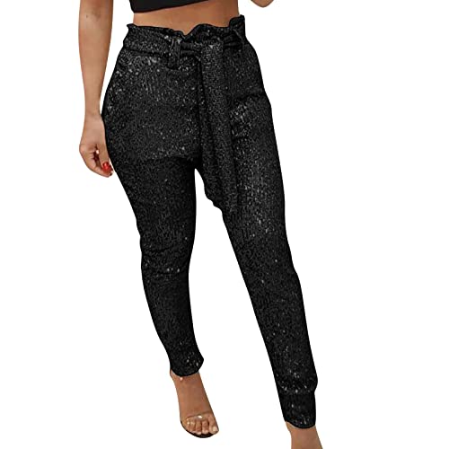 CCOOfhhc Damen Glitzer Elegant Pailletten Hose Lässig Große Größen Vintage Weite Hose Hohe Taille Silber Tanzhose Festliche Hochzeit Glitzerhosen Pailletten High Waist Nachtclub Haremshose Partyhose von CCOOfhhc