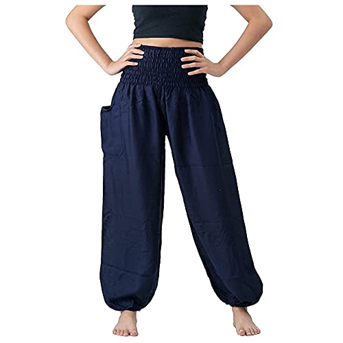 CCOOfhhc Damen Hippie Hose Pumphose Haremshose Boho Gemustert Gesmockte Taille Freizeithose Sommerhose Yogahose Lange Hosen Schlitz Lockere Weites Bein Lose Leichte Sporthose Yogahosen von CCOOfhhc