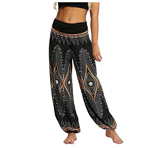 CCOOfhhc Damen Hippie Hose Pumphose Haremshose Boho Gemustert Gesmockte Taille Freizeithose Sommerhose Yogahose Lange Hosen Schlitz Lockere Weites Bein Lose Leichte Sporthose Yogahosen von CCOOfhhc