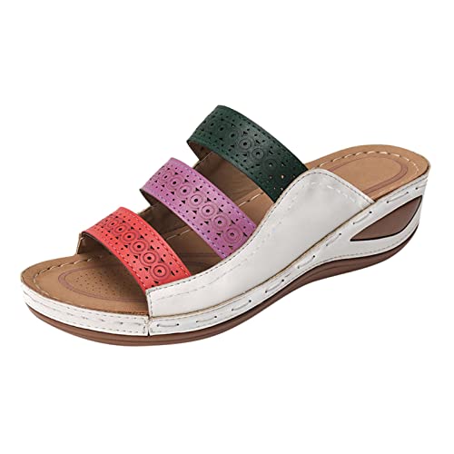 CCOOfhhc Damen Orthopädische Pantoletten Lässige rutschfest PU-Leder Sommer Flip Flops Pantoletten Mode Strand Fußbett Freizeit Retro Pantoffeln Leicht Offene Kappe Flip-Flops Schuhe Walking von CCOOfhhc