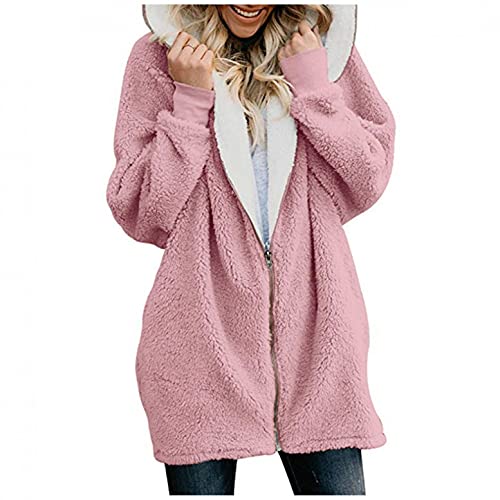 CCOOfhhc Fleecejacke Damen Lang mit Kapuze Plüschjacke Große Größen Fleecemantel Warm Teddy-Fleece Übergangsjacke Reißverschluss Herbst Winter Sweatjacke Fleece Mantel Cardigan Oversize von CCOOfhhc